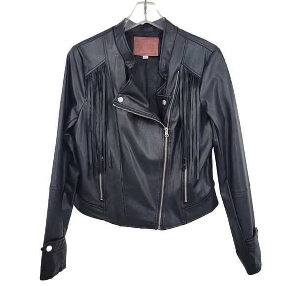 Jackets & Blazers - Miss London Womens Black Vegan Leather Jacket Size L Fringe Motorcycle Biker